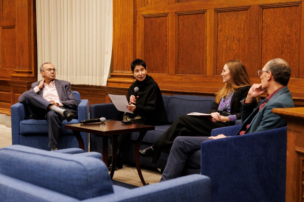 Tarun Khanna (from left), Doris Sommer, Moira Weigel, and Martin Puchner speaking during the event. Views of the “Who needs the humanities?”