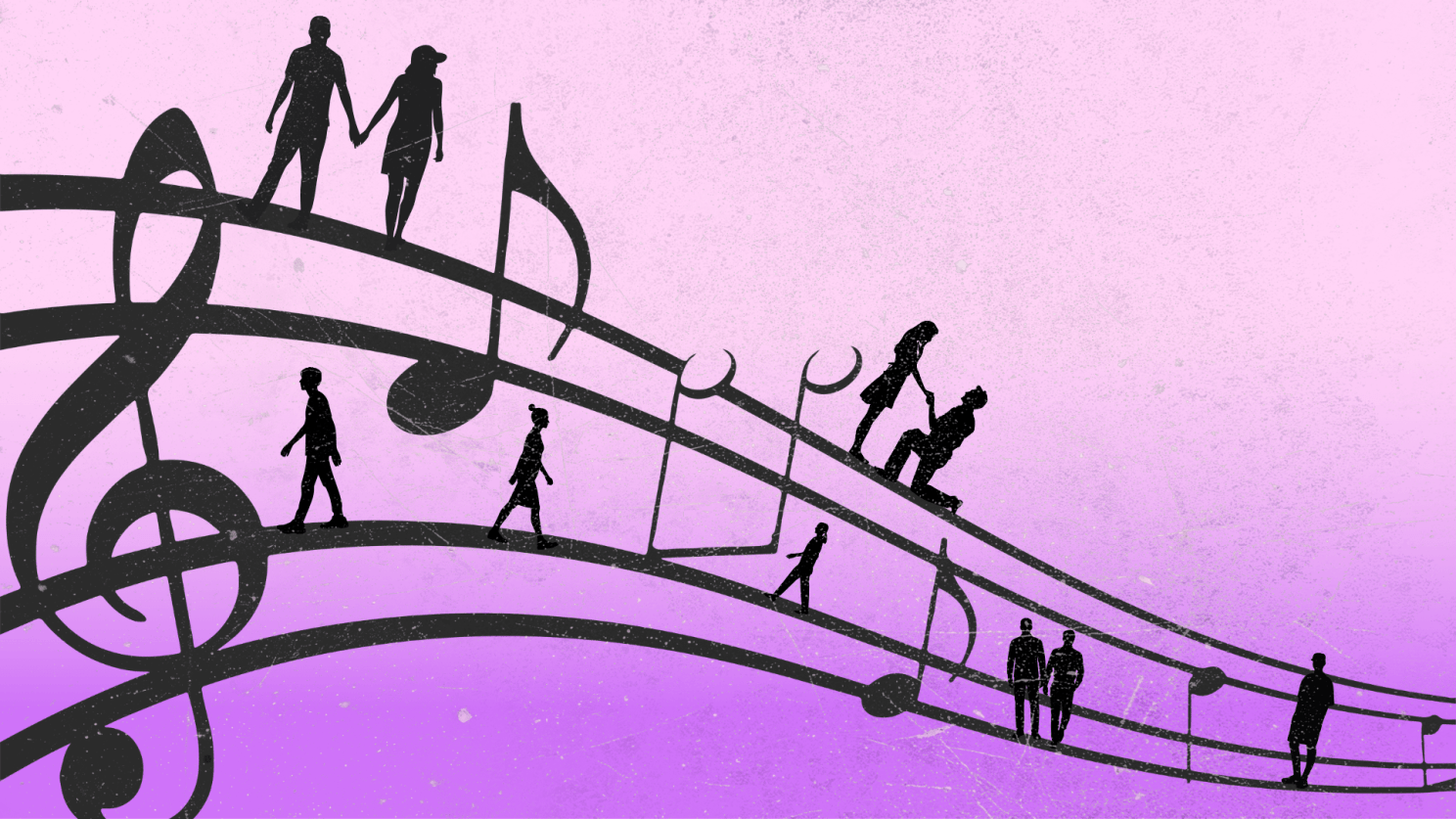 couples walking on a musical scale