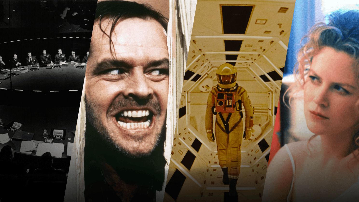 Collage of scenes from Stanley Kubrick movies "Dr. Strangelove," "The Shinking," "2001: A Space Odyssey," and "Eyes Wide Shut."