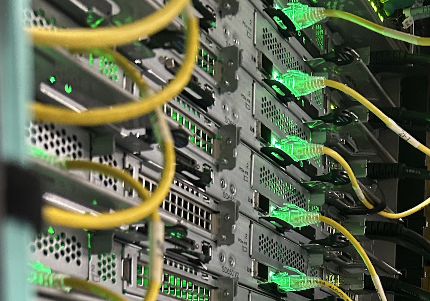 Network switches inside one of the H100 nodes in the Kempner Institute’s AI Cluster.