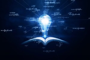 A glowing lightbulb emerges from an open book, symbolizing knowledge, intelligence,