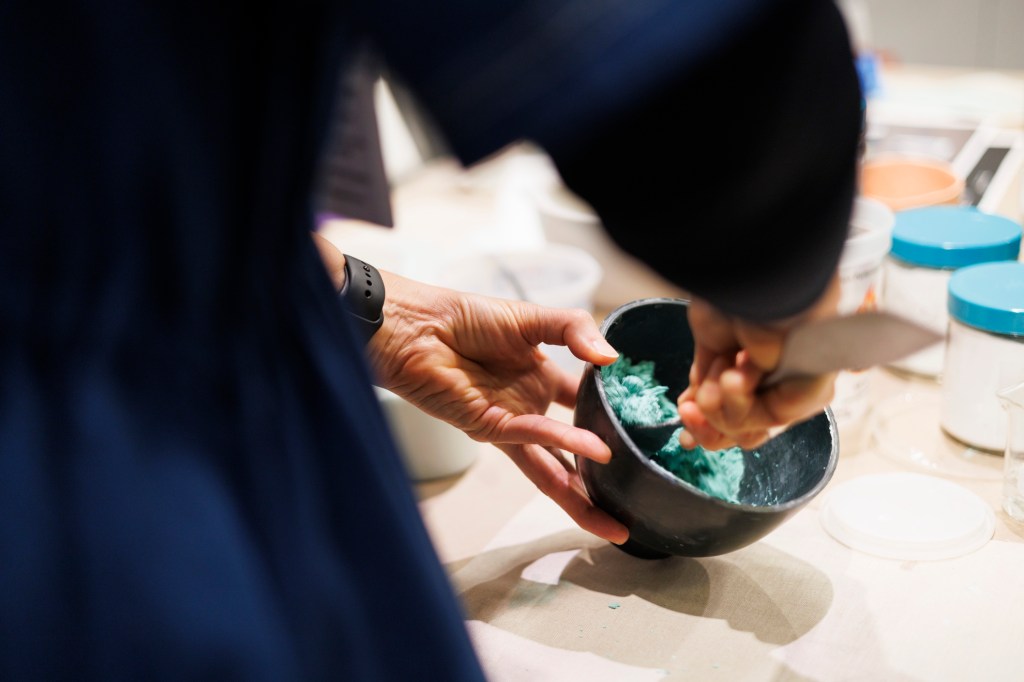 Carolyn Riccardelli, an objects conservator at the Metropolitan Museum of Art, mixes Egyptian Blue pigment. H