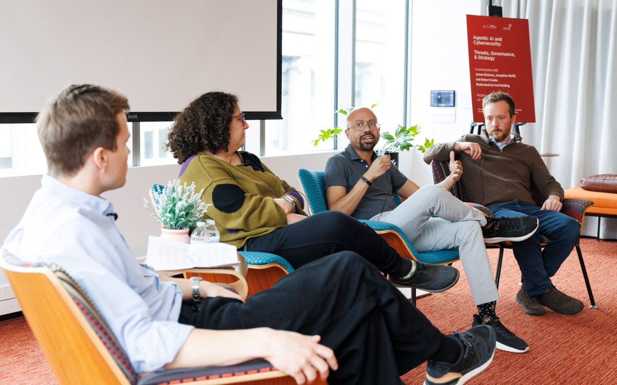 Fred Heiding (from left), Josephine Wolff, James Mickens, and Robert Knake speaking during the event.