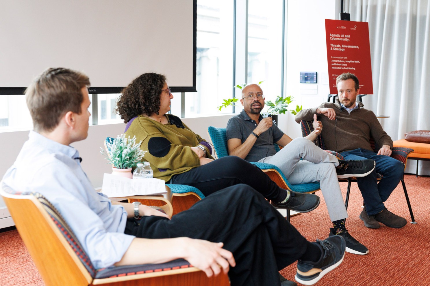 Fred Heiding (from left), Josephine Wolff, James Mickens, and Robert Knake speaking during the event. 
